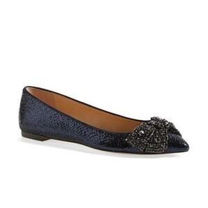 Tory Burch Navy Vanessa Crystal Bow Pointy Toe Flats
